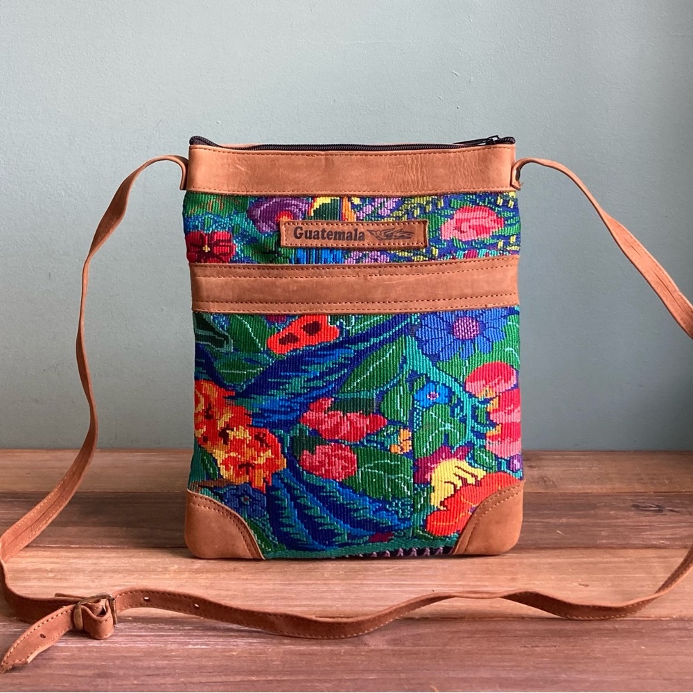 Handmade Leather and Huipil Crossbody Bag